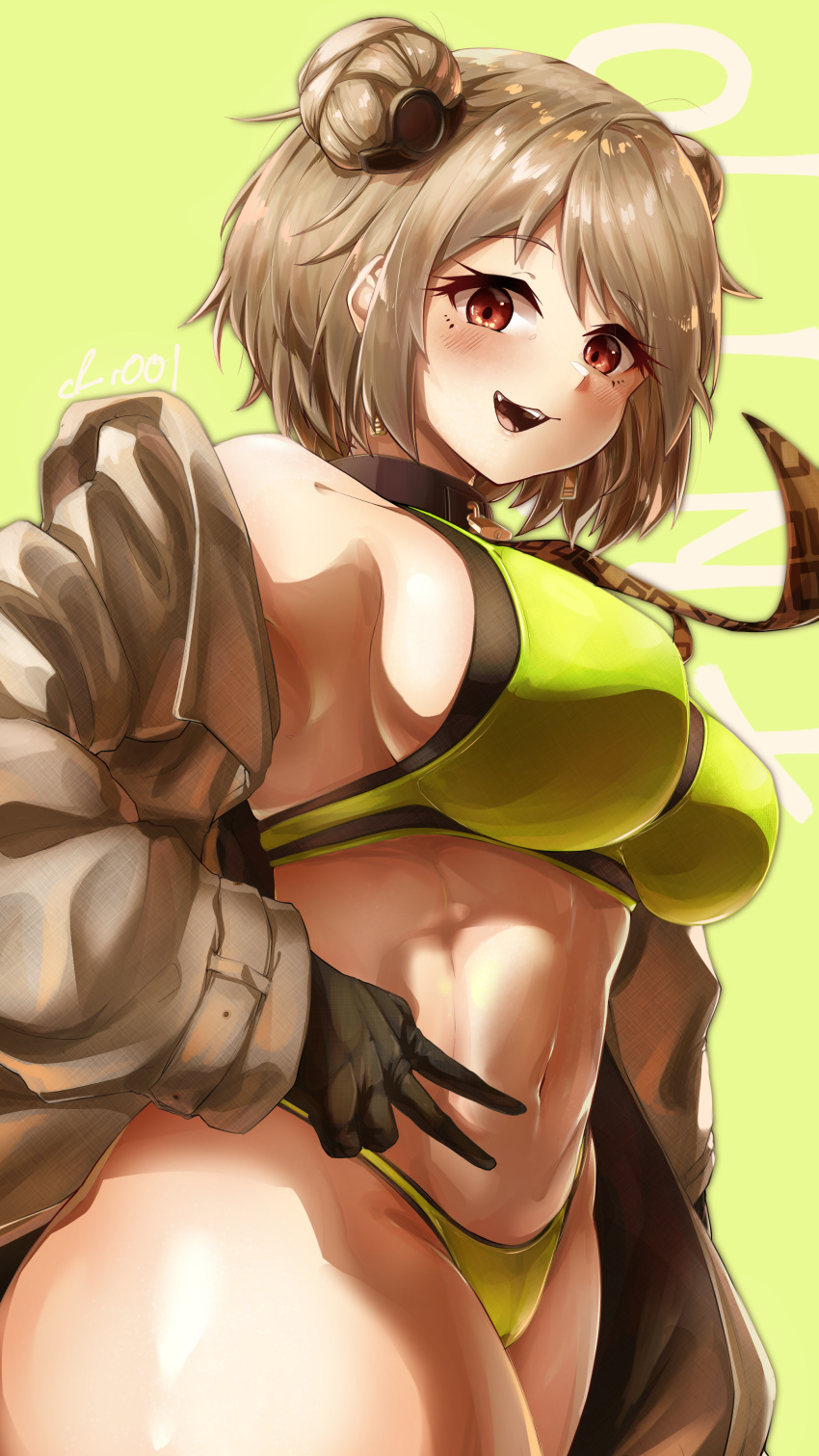 1girl absurdres black_gloves blush bra breasts choker coat crr001 double_bun earrings girls'_frontline gloves highres jewelry large_breasts light_brown_hair mole mole_under_eye navel necktie official_alternate_costume open_mouth p90_(girls'_frontline) p90_(the_girl_from_b.e.l)_(girls'_frontline) panties red_eyes short_hair smile solo underwear