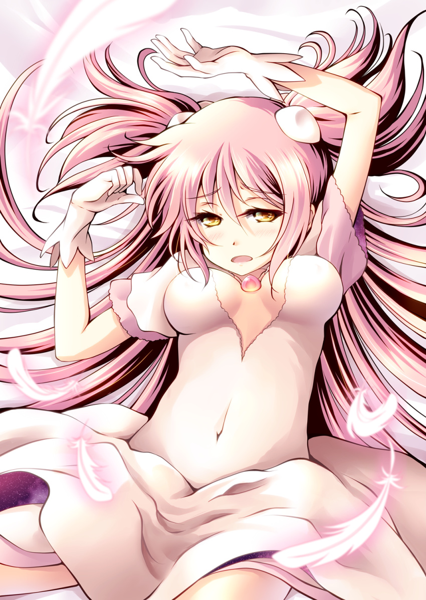 1girl arm_above_head arms_up artist_name blush bow breasts cleavage covered_navel dress eyebrows_visible_through_hair feathers furrowed_brow gloves hair_between_eyes hair_bow highres hikaru_310 kaname_madoka long_hair lying mahou_shoujo_madoka_magica medium_breasts on_back open_mouth pink_hair solo twitter_username two_side_up ultimate_madoka very_long_hair white_bow white_dress white_gloves yellow_eyes