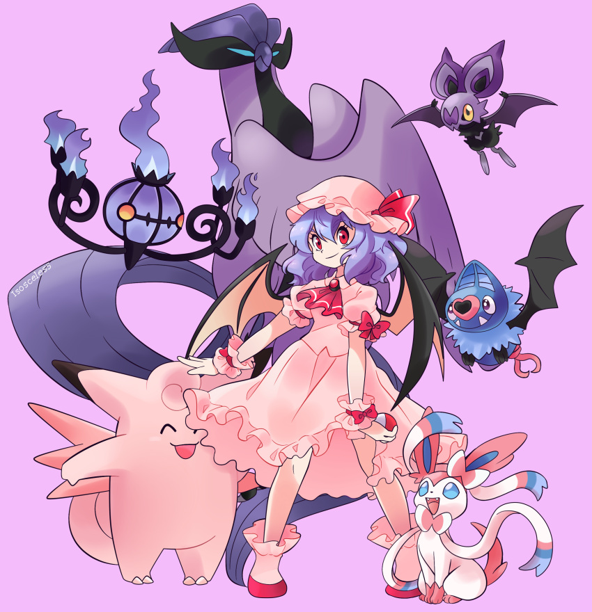 1girl absurdres articuno artist_name ascot bangs bat_wings blue_hair boots chandelure clefable closed_mouth collared_shirt crossover dress frilled_cuffs frilled_dress frilled_footwear frills hat hat_ribbon highres holding holding_poke_ball isosceless legs_apart looking_at_viewer medium_dress medium_hair mob_cap noibat official_style outstretched_arm poke_ball pokemon puffy_short_sleeves puffy_sleeves red_eyes remilia_scarlet ribbon shirt short_sleeves sleeve_bow smile swoobat sylveon touhou wings