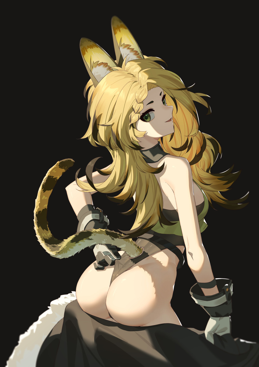 1girl :d animal_ear_fluff animal_ears arknights ass bare_arms bare_shoulders black_background black_hair blonde_hair braid cat_ears cat_tail commentary from_behind gloves grey_eyes highres long_hair looking_at_viewer looking_back multicolored_hair parted_lips quercus_(arknights) shirt simple_background sleeveless sleeveless_shirt smile solo streaked_hair tail yellow_shirt zidu_(9478296)