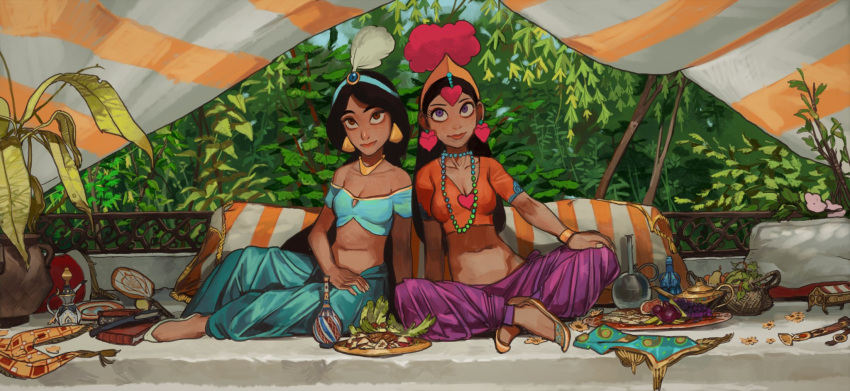2girls aladdin_(disney) black_hair book bracelet breasts brown_eyes cleavage closed_mouth copyright_request crop_top earrings fingernails freckles grey_nails harem_pants heart heart_earrings highres jasmine_(disney) jewelry long_hair looking_at_viewer midriff mossacannibalis multiple_girls nail_polish navel necklace oil_lamp pants pearl_necklace plant plate pointy_footwear potted_plant purple_eyes sanpaku shoes sitting smile yokozuwari