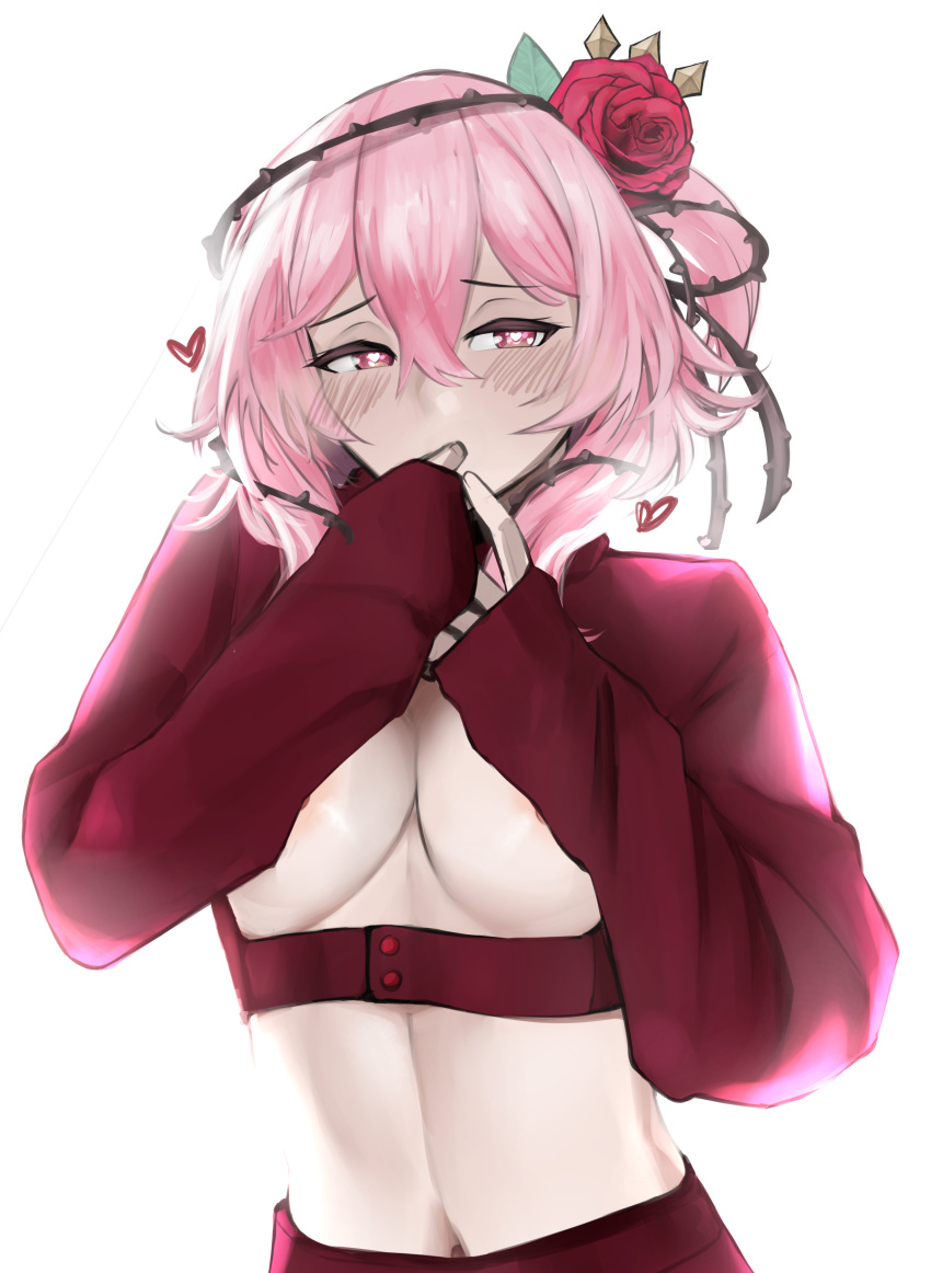 1girl absurdres blush breast_cutout breast_squeeze breasts embarrassed eyebrows_visible_through_hair eyelashes flower heart heart-shaped_pupils highres long_sleeves looking_to_the_side medium_breasts midriff navel nijisanji nijisanji_en nipple_slip nipples pants pink_eyes pink_hair plant rain_prophet red_flower red_pants red_rose red_shirt rose rosemi_lovelock shirt short_sidetail sleeves_past_wrists solo symbol-shaped_pupils thorns vines virtual_youtuber white_background