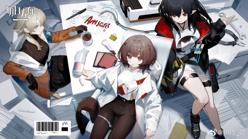 arknights bangs beast black_hair black_jacket boots breasts brown_eyes brown_gloves brown_hair closure_(arknights) coffee desk gloves highres iris_(user_pskd5754) jacket mayer_(arknights) medium_breasts miniskirt multiple_girls pointy_ears red_eyes roberta_(arknights) sitting skirt white_jacket