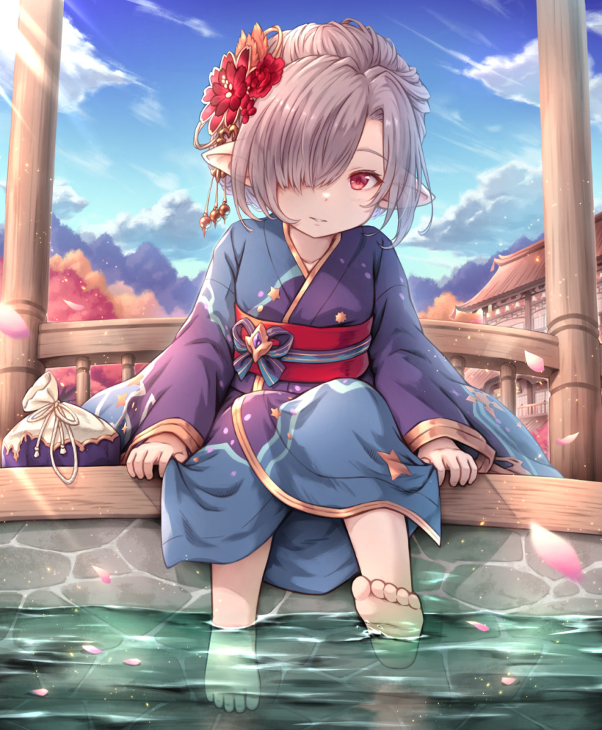 1girl architecture barefoot blue_kimono blue_sky cherry_blossoms cloud commentary_request day east_asian_architecture feet granblue_fantasy grey_hair hair_ornament hair_over_one_eye harvin highres japanese_clothes khell kimono long_hair long_sleeves looking_at_viewer niyon_(granblue_fantasy) obi outdoors parted_lips pointy_ears pouch purple_hair red_eyes sash short_hair sitting sky soaking_feet solo toes water wide_sleeves