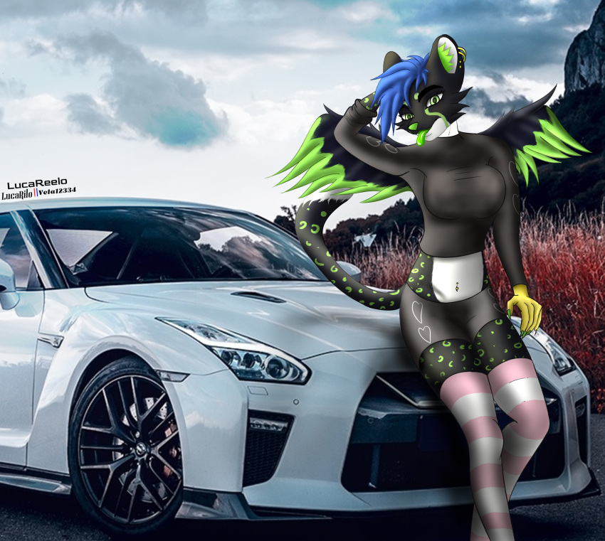 absurd_res akula anthro blizzie canid canine car cargirl clothed clothing curvaceous curvy_figure cutefurry fan_character felid feline female fluffy footwear furry gtr hi_res invalid_tag lucareelo machine mammal nissan outside pink r35 shoftshade socks solo the topwear vehicle voluptuous wings