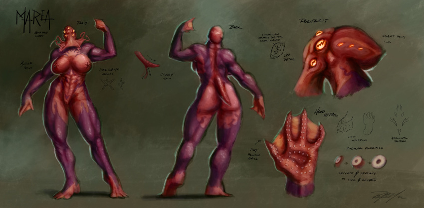absurd_res animal_humanoid back_muscles butt cephalopod cephalopod_humanoid female genitals hi_res humanoid marea_(ostyeen) marine marine_humanoid membrane_(anatomy) mollusk mollusk_humanoid monster muscular muscular_female nude octopus_humanoid pussy rayoutofspace red_body solo suckers tail tentacles webbed_hands yellow_eyes