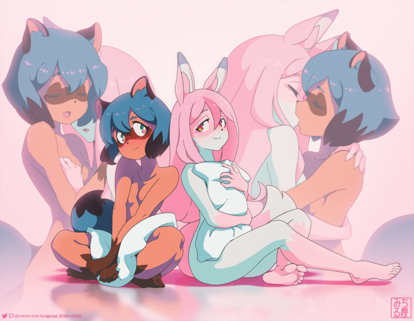 2girls animal_ears barefoot blue_hair blush brand_new_animal breasts closed_eyes closed_mouth completely_nude fox_ears fox_girl fox_tail full_body furry furry_female green_eyes highres hiwatashi_nazuna holding holding_pillow indian_style kagemori_michiru kiss long_hair looking_at_another michirutnk multiple_girls nude open_mouth pillow pink_background pink_hair raccoon_ears raccoon_girl raccoon_tail red_eyes reflection short_hair sitting small_breasts smile soles tail toes yuri