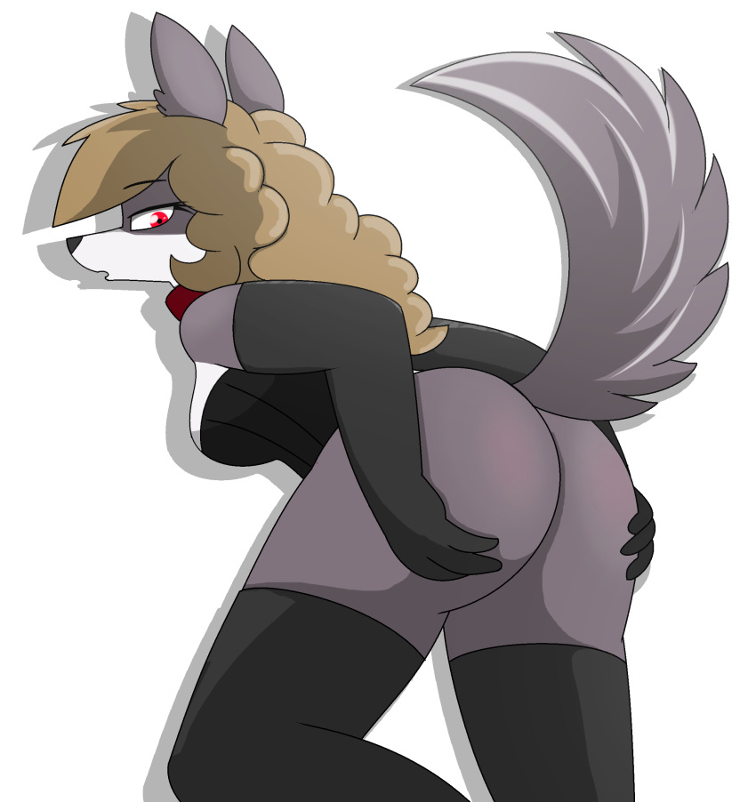 anthro bodysuit bronze butt canid canine canis clothed clothing collar female footwear hi_res looking_at_viewer looking_back looking_pleasured luna_(pencil_bolt) mafia mammal pencil_bolt red_eyes skinsuit socks solo tail_tuft tight_clothing tuft wolf