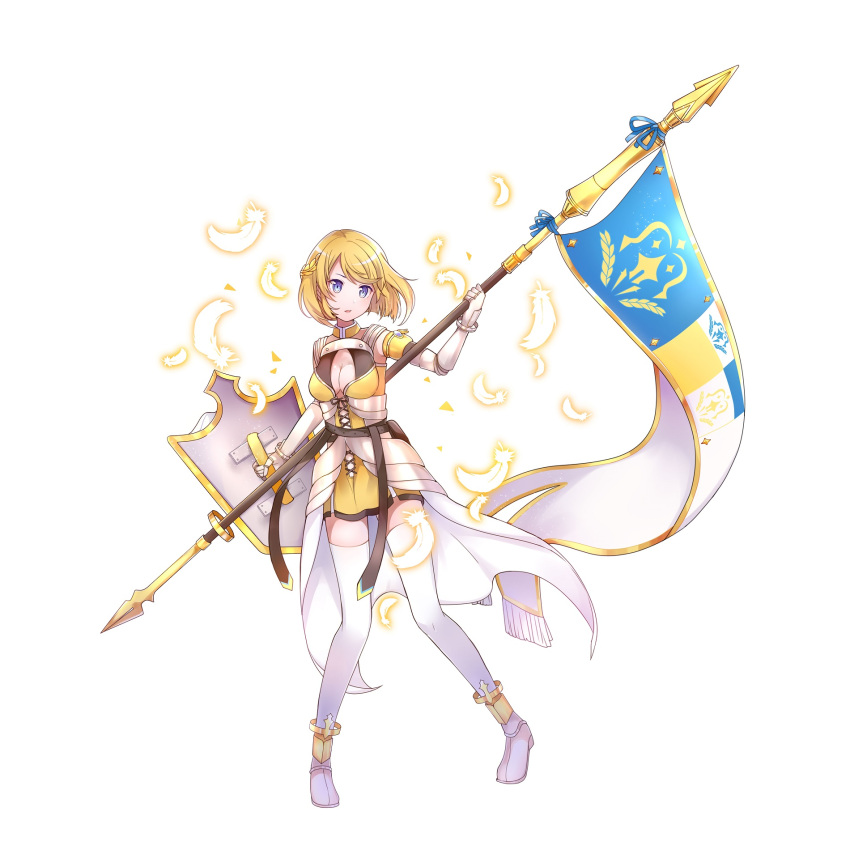 #compass 1girl arm_up bangs blonde_hair blue_eyes blush boots breasts cape cleavage dress elbow_gloves feathers flag full_body gauntlets gloves grey_gloves highres holding holding_polearm holding_shield holding_weapon jeanne_d'arc_(#compass) komine light_blush looking_to_the_side medium_breasts official_art open_mouth pigeon-toed polearm shield shiny shiny_hair short_dress short_hair sidelocks simple_background sleeveless sleeveless_dress solo spear standing thigh_boots thighhighs third-party_source waist_cape weapon white_background white_cape white_footwear white_legwear yellow_dress zettai_ryouiki