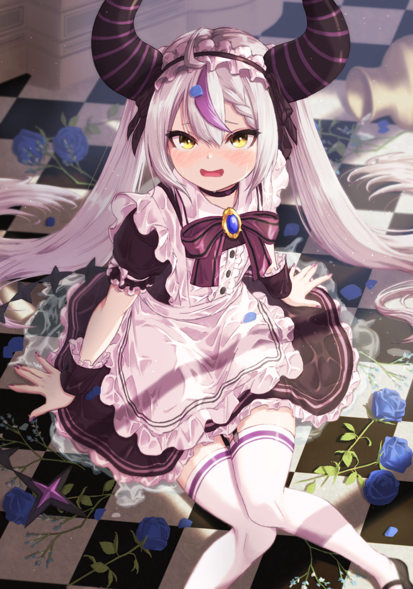 1girl black_ribbon blue_flower blue_gemstone blue_rose blush bowsan checkered choker dress flower flustered frilled_dress frills gem hair_ornament headband highres hololive horns indoors la+_darknesss long_hair looking_at_viewer maid mary_janes multicolored_hair nail_polish on_floor open_mouth purple_hair purple_nails ribbon rose shoes silver_hair solo streaked_hair tail thighhighs tiles twintails very_long_hair water wet wet_clothes yellow_eyes