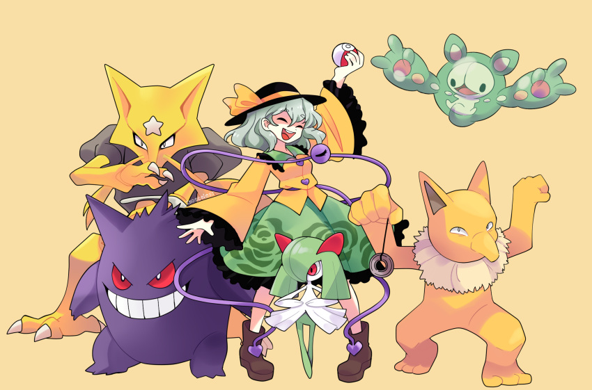 1girl :d arm_up artist_name boots bow buttons closed_eyes collared_shirt crossover floral_print frilled_skirt frilled_sleeves frills gengar hat hat_bow hat_ribbon highres holding holding_poke_ball hypno isosceless kadabra kirlia komeiji_koishi legs_apart long_sleeves medium_skirt official_style open_mouth outstretched_arm poke_ball pokemon print_skirt reuniclus ribbon rose_print shirt skirt smile string third_eye touhou