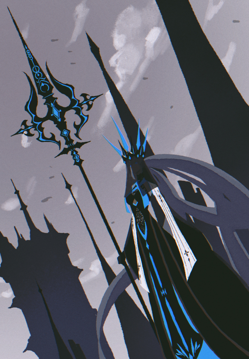 1girl black_dress black_gloves blue_eyes crown dress fate/grand_order fate_(series) gloves grey_background grey_sky highres holding holding_staff holding_weapon long_hair long_sleeves morgan_le_fay_(fate) outdoors polearm ponytail solo spikes staff taraba_(mgo10000) two-tone_dress veil very_long_hair weapon wide_sleeves