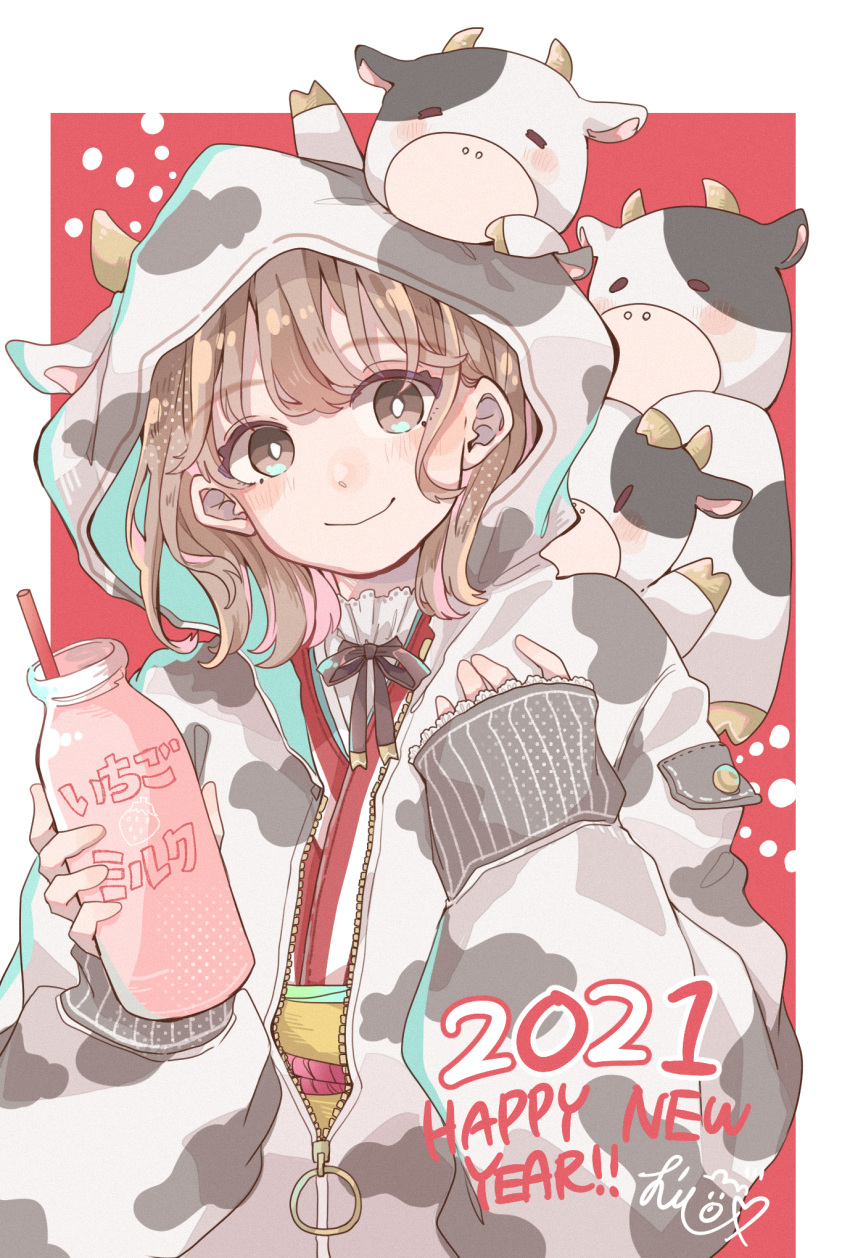 1girl 2021 animal_ears animal_hood animal_print bangs blush brown_eyes brown_hair chinese_zodiac closed_mouth cow cow_ears cow_horns cow_print drink drinking_straw english_text glass_bottle hand_on_own_chest high_collar highres holding holding_drink hood hood_up hoodie horns japanese_clothes lace_trim long_sleeves looking_to_the_side medium_hair multicolored_hair muto_095 neck_ribbon new_year original pocket ribbon signature smile solo strawberry_milk streaked_hair two-tone_hair year_of_the_ox zipper