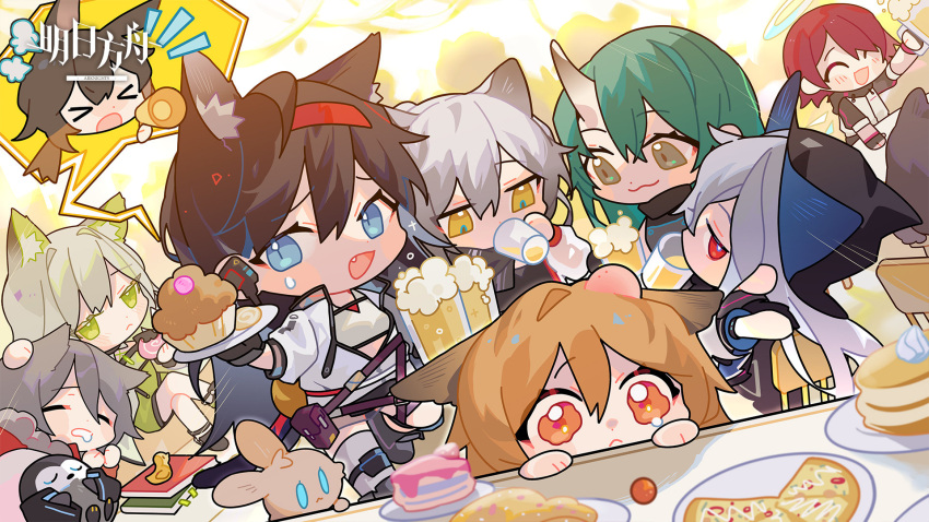 alcohol amiya_(arknights) arknights beer blaze_(arknights) blue_hair cake ceobe_(arknights) exusiai_(arknights) food green_eyes grey_hair highres hoshiguma_(arknights) kal'tsit_(arknights) projekt_red_(arknights) red_eyes red_hair schwarz_(arknights) skadi_(arknights) toon_(style) wanwan_huo_de_hao_beishang