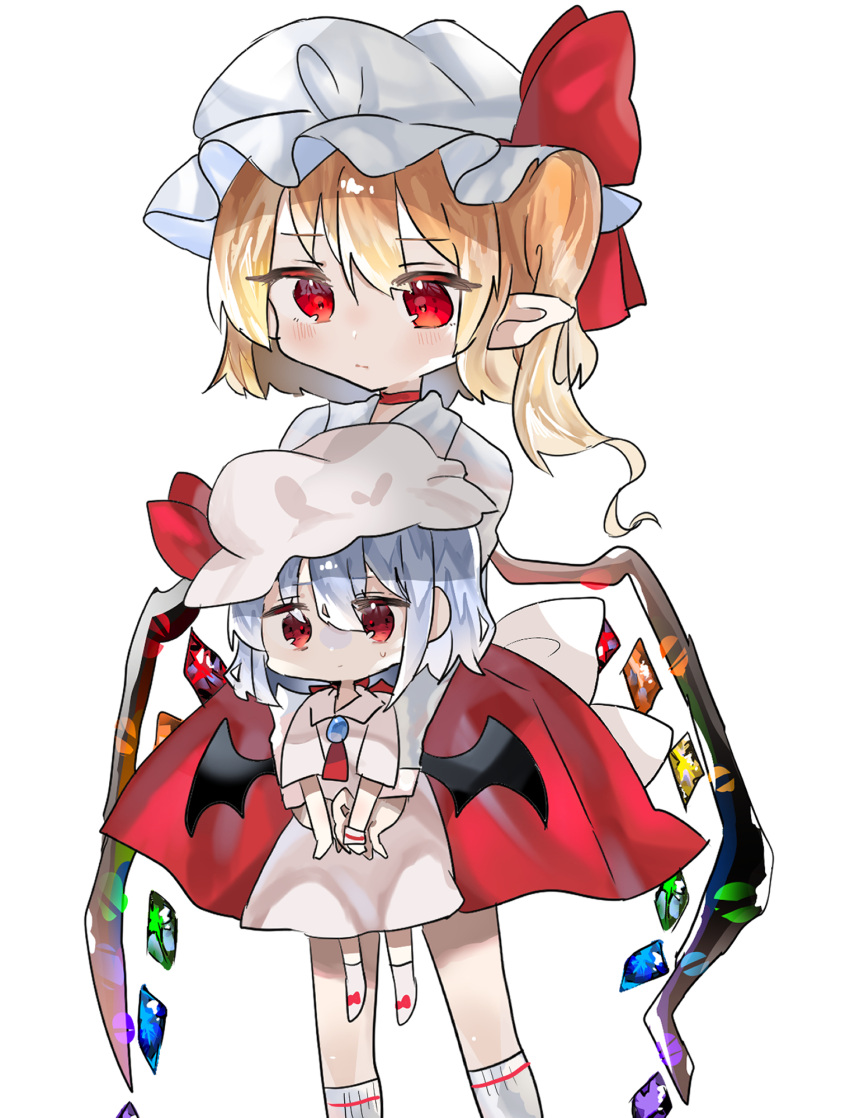 ascot bat_wings blonde_hair blue_hair bow crystal dress eyebrows_visible_through_hair flandre_scarlet frilled_shirt_collar frills hat hat_ribbon highres jewelry laevatein_(touhou) medium_hair mob_cap one_side_up pink_dress puffy_short_sleeves puffy_sleeves ramochi red_bow red_eyes red_ribbon red_skirt red_vest remilia_scarlet ribbon shirt short_hair short_sleeves side_ponytail simple_background size_difference skirt touhou vampire vest white_background white_shirt wings wrist_cuffs