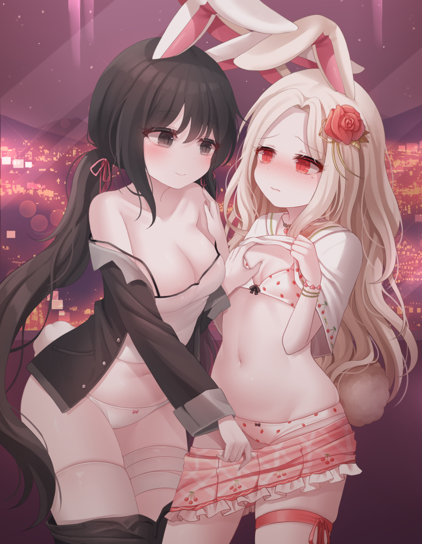 2girls absurdres animal_ears bandaged_leg bandages bare_shoulders black_eyes black_hair black_jacket bra breasts bunny-chan_(honyang) camisole cleavage clothes_lift commission crop_top hair_ribbon hand_on_another's_chest highres honyang jacket long_hair long_sleeves looking_at_another low_twintails medium_breasts miniskirt multiple_girls navel off_shoulder open_clothes open_jacket original panties pink_skirt polka_dot polka_dot_bra polka_dot_panties rabbit_ears red_eyes ribbon shirt shirt_lift single_thighhigh skirt sleeveless sleeveless_shirt small_breasts spaghetti_strap stomach strap_slip string_panties thighhighs thighs twintails underwear very_long_hair white_hair white_legwear white_panties white_shirt yuri