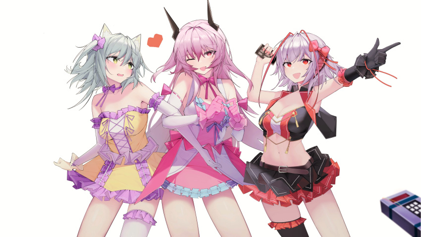 3girls ;d absurdres alternate_costume animal_ears arknights bangs bare_shoulders belt black_belt black_gloves black_skirt blush breasts cat_ears chinese_commentary cleavage commentary_request cowboy_shot crop_top dress elbow_gloves frilled_legwear frilled_skirt frills gloves green_eyes grey_hair hair_ornament hair_scrunchie head_tilt highres ka_sa_siji kal'tsit_(arknights) long_hair looking_at_another midriff multiple_girls nail_polish navel one_eye_closed one_side_up open_mouth pink_hair pink_nails pink_skirt pointing red_eyes scrunchie shirt short_hair simple_background single_glove single_thighhigh skirt skirt_set sleeveless sleeveless_dress smile standing stomach strapless strapless_shirt theresa_(arknights) thighhighs thighs w_(arknights) white_background white_dress white_gloves white_legwear yellow_shirt yellow_skirt