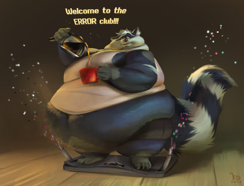 absurd_res anthro belly belly_overhang beverage big_belly breaking broken_scale chubby_cheeks claws clothed clothing coffee coffee_mug coffee_pot confetti confusion dewlap_(anatomy) double_chin english_text facial_markings fattydragonite fur grey_body grey_fur head_markings hi_res holding_mug holding_object love_handles male mammal markings mask_(marking) moobs morbidly_obese morbidly_obese_anthro morbidly_obese_male mug navel obese obese_anthro obese_male open_mouth overweight overweight_anthro overweight_male pouring procyonid raccoon ring_(marking) ringtail solo standing tail_markings text thick_thighs toe_claws weighing_scale wide_hips