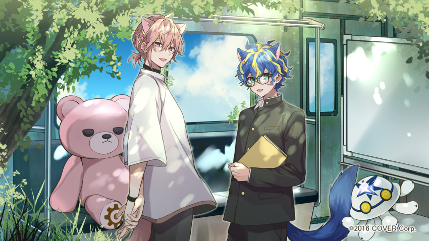 2boys :d alternate_costume animal_ears aqua_eyes arms_behind_back astel_leda bespectacled black_choker black_pants blonde_hair blue_hair blue_tail book bracelet cat_boy cat_ears cat_tail choker cloud copyright cowboy_shot creature dappled_sunlight extra_ears from_side gakuran gear_print glasses grass green_eyes hair_between_eyes holding holding_book holostars jewelry logo looking_at_viewer loose_clothes loose_shirt low_ponytail multicolored_hair multiple_boys official_art pants pink_hair pink_tail poruneu rikka_(holostars) school_uniform shirt short_hair short_ponytail smile spanner_(holostars) standing streaked_hair stuffed_animal stuffed_toy sunlight tail teddy_bear teito train_interior tree wavy_hair white_shirt whiteboard