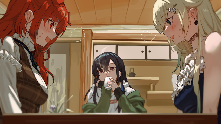 ... 2gou 3girls absurdres aizawa_ema animal_ears bangs black_hair blonde_hair blue_dress blurry blush brown_dress commentary_request cup depth_of_field dress earrings fang green_jacket hair_ornament highres holding holding_cup hood hood_down hoodie ichinose_uruha indoors jacket jewelry long_hair long_sleeves looking_at_another lupinus_virtual_games multiple_girls neck_ribbon nijisanji off_shoulder open_mouth pinafore_dress plant potted_plant ratna_petit red_eyes red_hair ribbon shirt sidelocks skin_fang sleeveless sleeveless_dress spoken_ellipsis steam sweat upper_body vspo! white_hoodie white_shirt yunomi