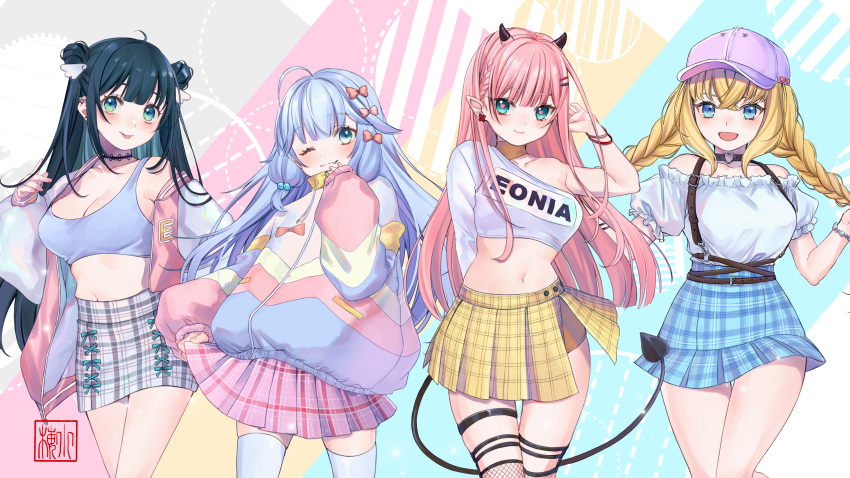 4girls absurdres ahoge amano_nene_(vtuber) bare_shoulders birry1228 black_hair blonde_hair blue_eyes blue_hair bracelet braid breasts charlotte_suzu cleavage demon_tail green_eyes hair_bun hair_ribbon hat highres horns isla_coleman jacket jewelry large_breasts long_hair looking_at_viewer midriff multiple_girls navel official_art one_eye_closed pink_hair pleated_skirt pointy_ears production_kawaii reina_sun_(vtuber) ribbon skirt tail tank_top thigh_strap thighhighs twin_braids virtual_youtuber