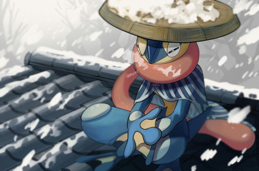 blurry brown_headwear capelet closed_eyes commentary_request greninja hat highres pokemon pokemon_(creature) sitting snow snowing solo tongue yukifuri_tsuyu