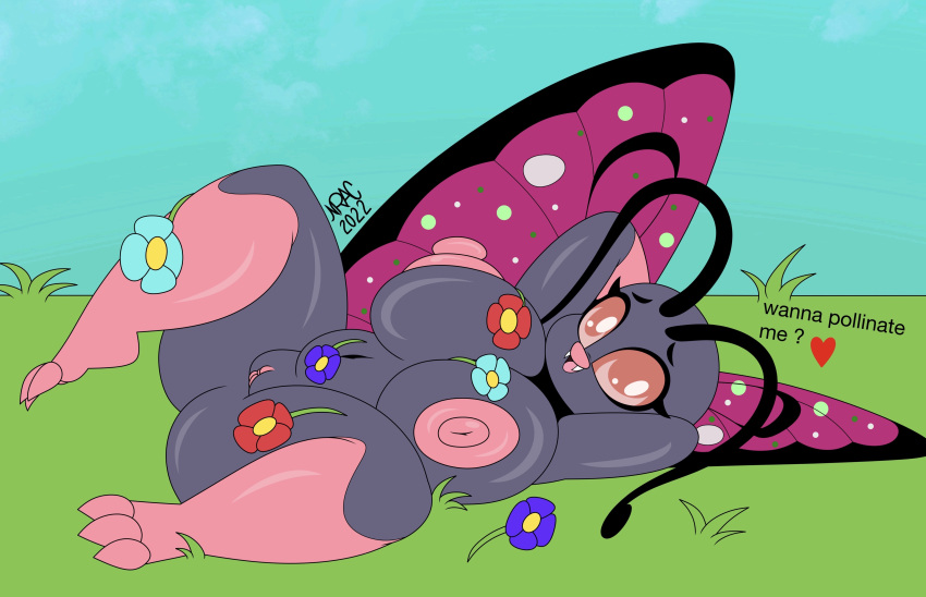 2022 absurd_res antennae_(anatomy) anthro areola arthropod artist_name big_areola big_breasts breasts butterfree curvy_figure detailed_background dialogue digital_media_(artwork) english_text eyelashes fangs feet female flower genitals grey_body grey_skin hands_behind_head hi_res huge_breasts looking_at_viewer lying nintendo nipples nr_ac nude on_back outside pink_eyes pink_sclera plant pok&eacute;mon pok&eacute;mon_(species) pussy signature smile solo talking_to_viewer teeth text thick_thighs toes video_games voluptuous wide_hips wings
