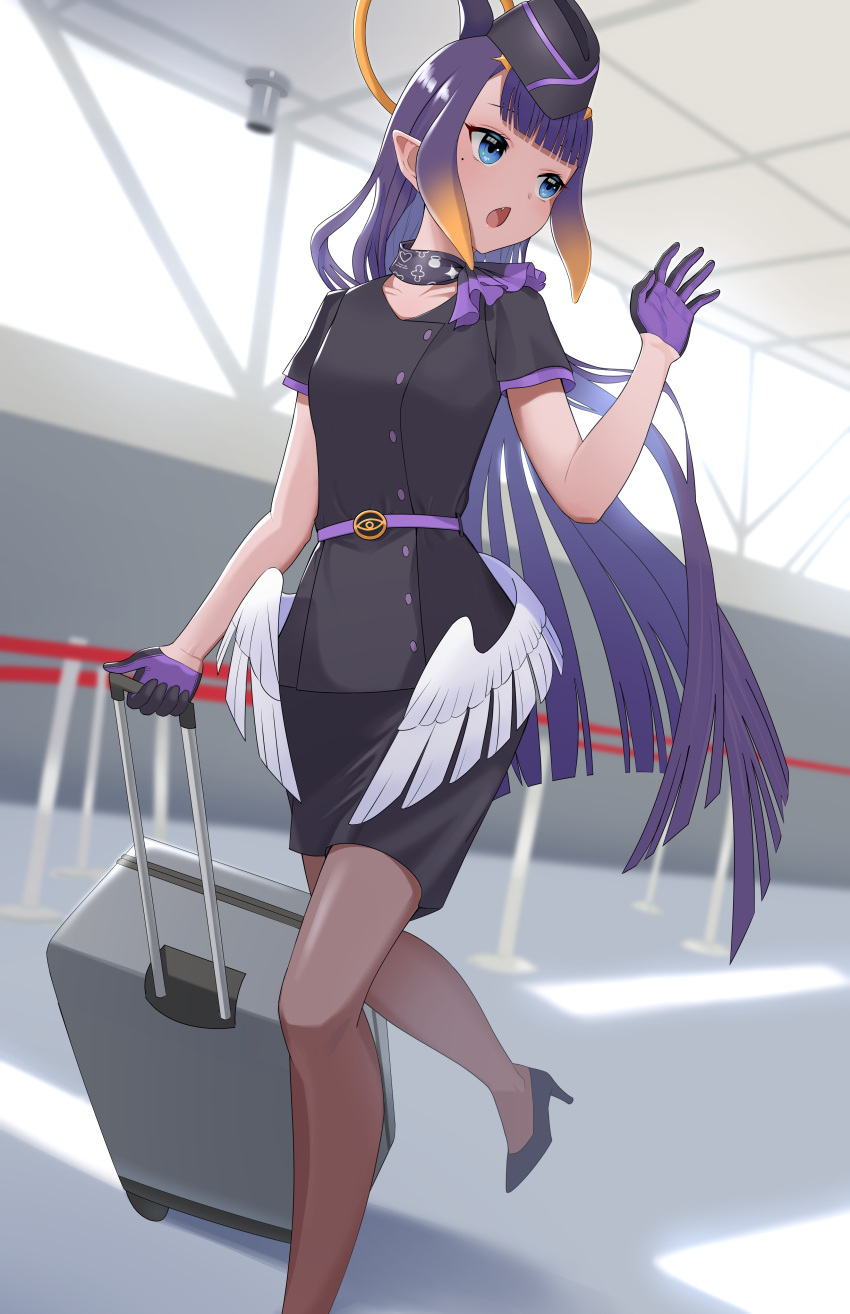 1girl absurdres airport blue_eyes gloves half_gloves highres hololive hololive_english indoors kapitan_kr low_wings luggage mole mole_under_eye ninomae_ina'nis pointy_ears purple_hair tentacle_hair travel_attendant virtual_youtuber wings
