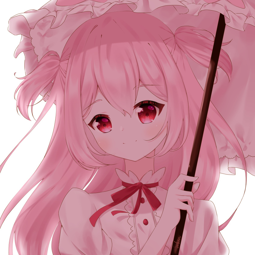 1girl absurdres bangs cherry_blossom_cookie closed_mouth cookie_run eyebrows_visible_through_hair highres humanization long_hair looking_at_viewer parasol personification pink_eyes pink_hair pink_umbrella red_eyes smile solo umbrella upper_body user_kerx7354