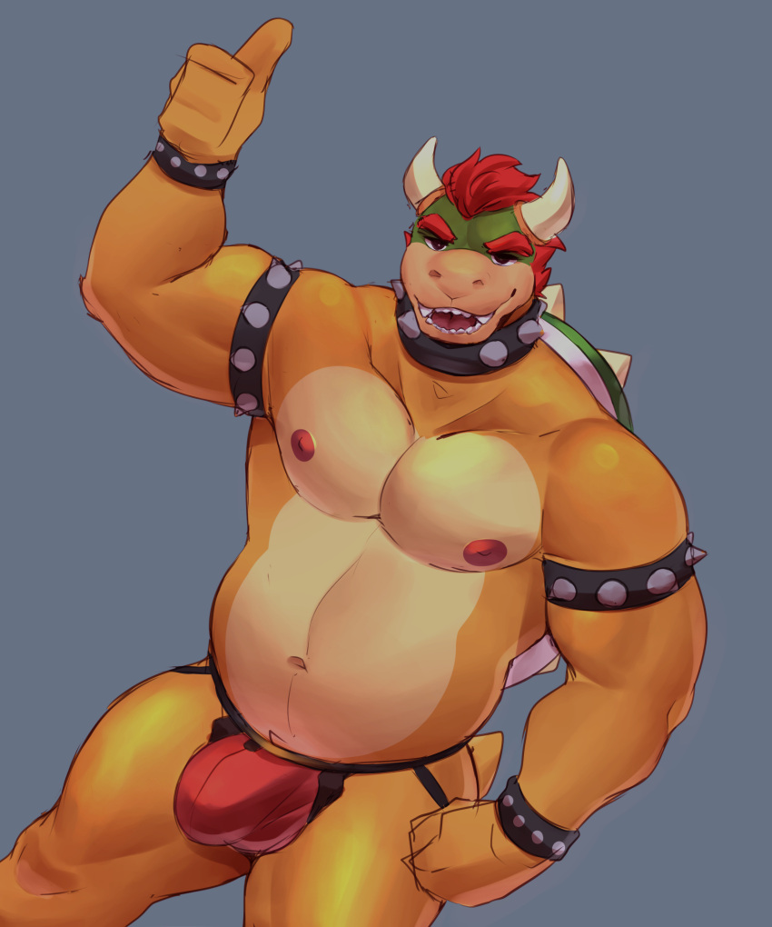 5:6 absurd_res anthro barazoku bowser bulge chubby_male clothing collar dragon eyebrows hair hi_res horn jockstrap male male/male mario_bros muscular nintendo nipples red_eyebrows red_hair red_jockstrap red_nipples slightly_chubby smile smirk snaftfc solo underwear video_games yellow_body