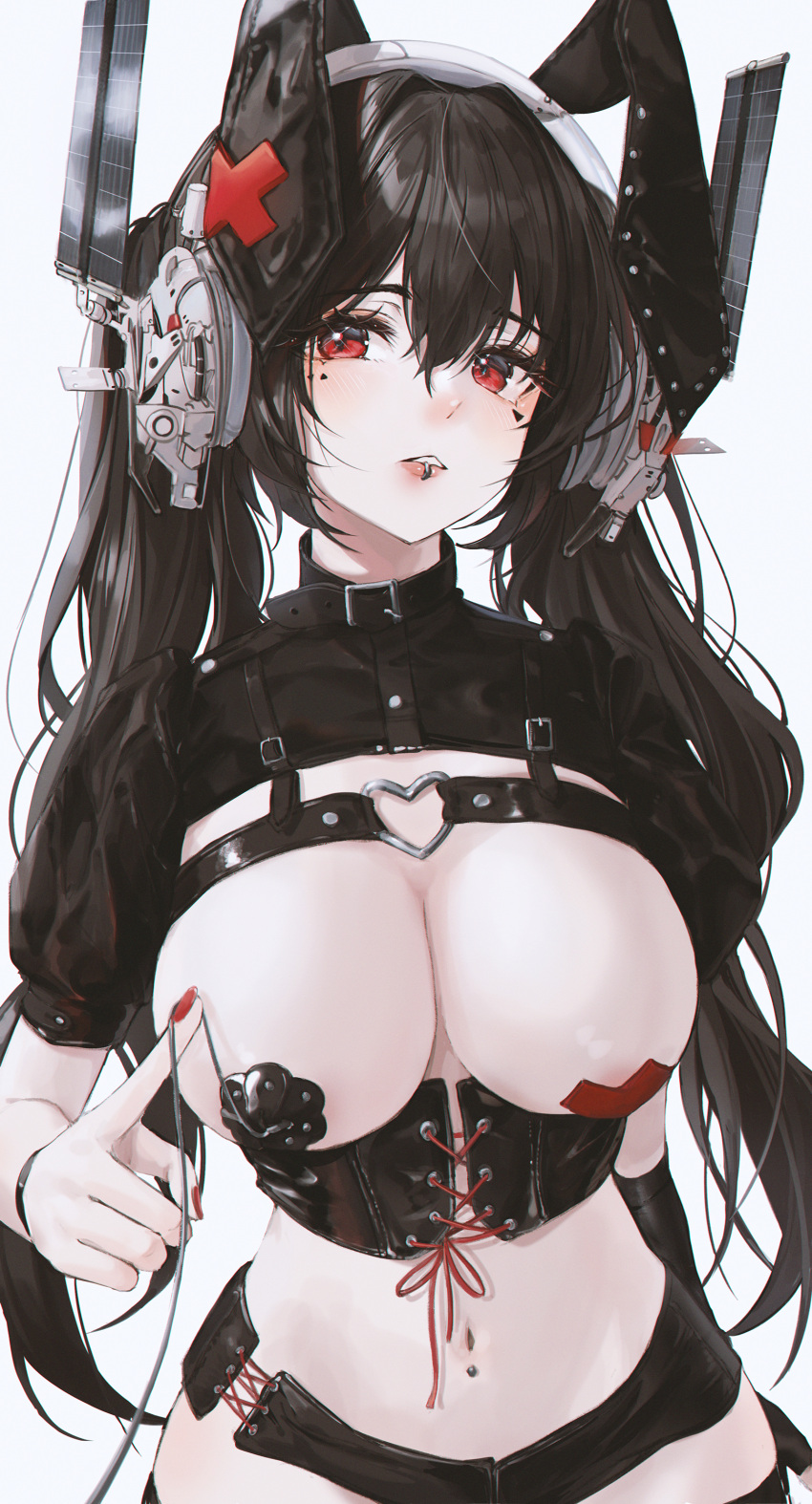 1girl absurdres animal_ears areola_slip areolae bbeedol black_choker black_gloves black_hair black_shirt black_theme breasts chest_harness choker cleavage cowboy_shot crop_top duplicate elbow_gloves fake_animal_ears fingerless_gloves framed_breasts gloves harness headphones highres large_breasts lip_piercing long_hair looking_at_viewer micro_shorts midriff mole mole_under_eye mouth_piercing nail_polish navel navel_piercing original pasties piercing pixel-perfect_duplicate rabbit_ears red_eyes red_nails revealing_clothes satellite shirt short_sleeves shorts side_cutout single_glove solo stomach twintails wristband