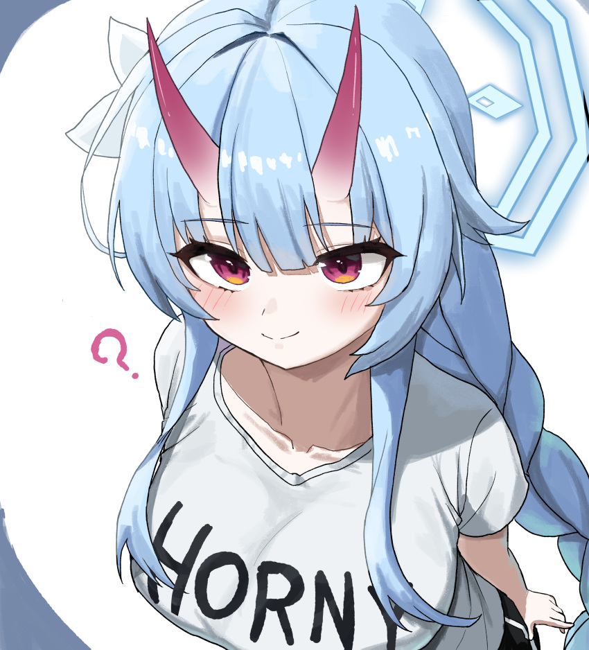 1girl ? absurdres blue_archive blue_hair blush breasts chise_(blue_archive) closed_mouth clothes_writing collarbone commentary_request eyebrows_visible_through_hair halo highres horns large_breasts long_braid long_hair oni_horns red_eyes shirt short_sleeves smile solo white_shirt yanggaengwang