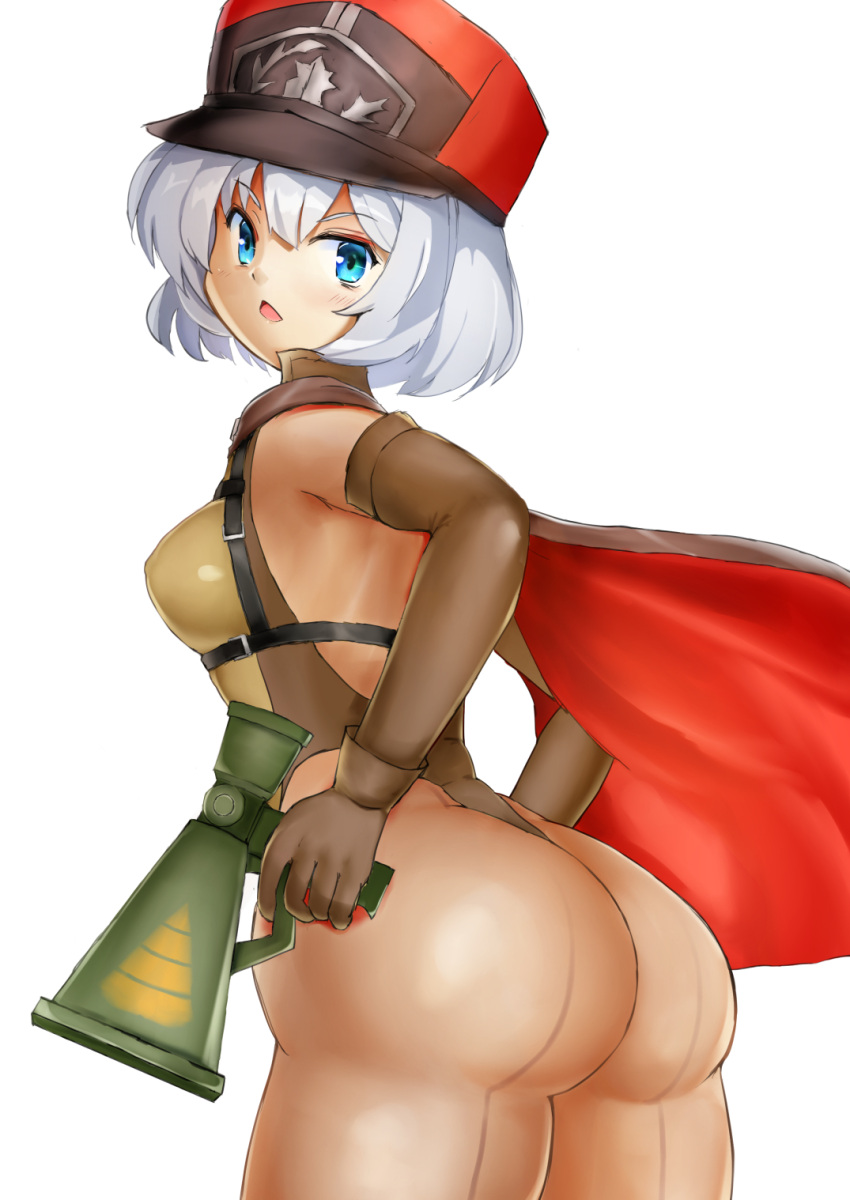 1girl ass bangs blue_eyes blush bodysuit breasts chest_harness elbow_gloves from_behind gloves hair_between_eyes harness hat highres kepi last_origin leotard looking_at_viewer megaphone military_hat pomechin_(mvst2573) red_hood_(last_origin) short_hair silver_hair simple_background small_breasts solo triangle_mouth white_background