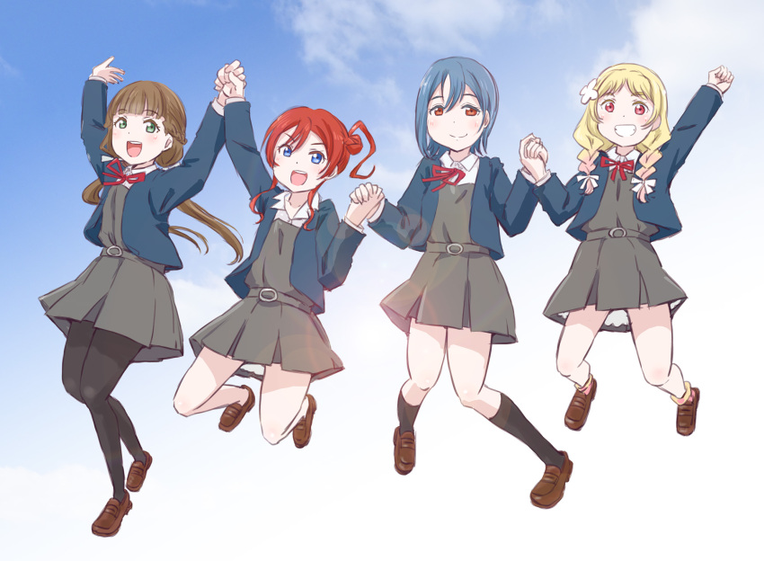 4girls bangs blonde_hair blue_eyes blue_hair blunt_bangs braid brown_hair check_commentary cloud cloudy_sky commentary commentary_request eyebrows_visible_through_hair gradient_hair green_eyes hair_bun highres long_hair love_live! love_live!_superstar!! low_twintails maruyo multicolored_hair multiple_girls onitsuka_natsumi pantyhose pink_hair red_eyes red_hair sakurakoji_kinako school_uniform short_hair sky smile twin_braids twintails wakana_shiki yoneme_mei yuigaoka_school_uniform