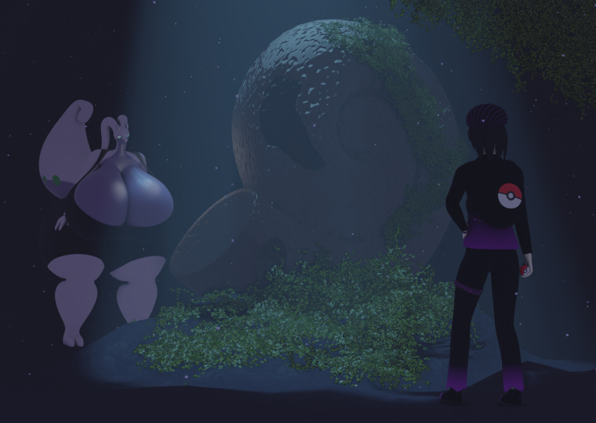 3d_(artwork) anthro bag big_breasts black_clothing blender_(disambiguation) breasts cave cleavage clothed clothing darkdraketom digital_media_(artwork) duo dust_in_the_light female fossil gastropod_shell goodra green_eyes hi_res human light_rays male mammal mollusk_shell multicolored_body nintendo overgrown plant pok&eacute;ball pok&eacute;mon pok&eacute;mon_(species) pok&eacute;mon_trainer purple_body shell thick_thighs two_tone_body video_games