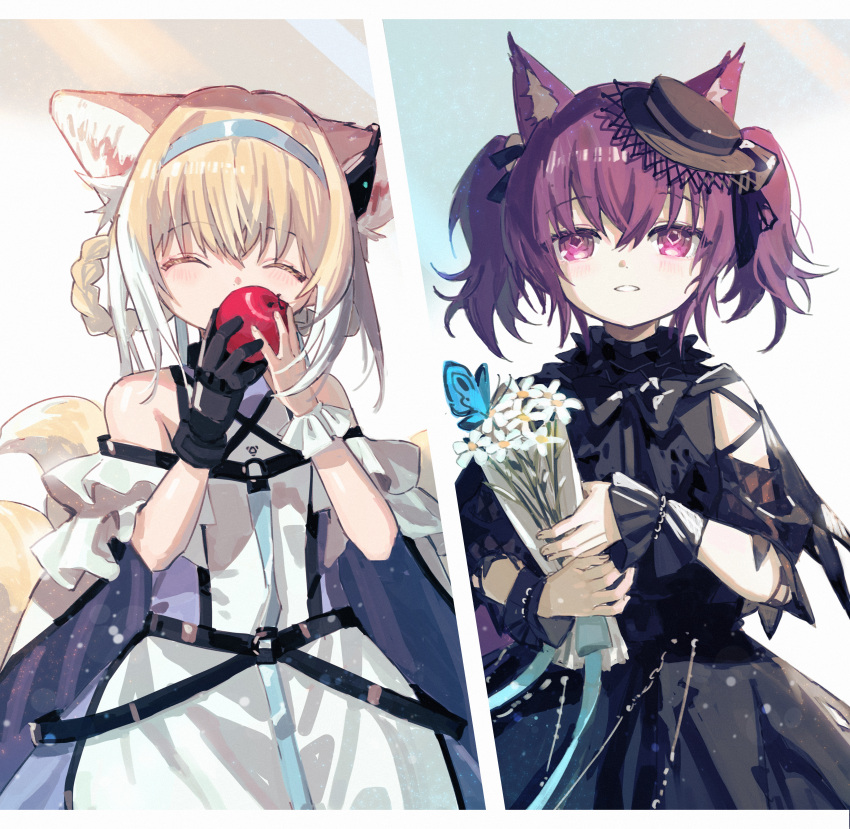 2girls absurdres animal_ears apple arknights bangs black_dress black_gloves blonde_hair blue_butterfly blue_hairband bouquet brown_headwear bug butterfly closed_eyes commentary dress earpiece eyebrows_visible_through_hair flower food fox_ears fruit gloves gradient_hair hair_rings hairband hands_up hat highres holding holding_bouquet holding_food holding_fruit light_particles looking_at_viewer mini_hat multicolored_hair multiple_girls off-shoulder_dress off_shoulder official_alternate_costume parted_lips purple_eyes purple_hair red_(girllove) shamare_(arknights) shamare_(echo_of_the_horrorlair)_(arknights) single_glove smile suzuran_(arknights) twintails upper_body white_dress white_flower white_hair wrist_cuffs