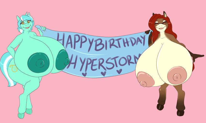 &lt;3 anthro areola asinus banner big_breasts breasts cutie_mark donkey duo english_text equid equine eyes_closed eyewear female friendship_is_magic glasses green_body green_hair green_nipples hair hasbro hi_res horn horse huge_breasts hyper hyper_breasts lidia_(hyperstorm_h) looking_at_viewer lyra_heartstrings_(mlp) mammal multicolored_body my_little_pony nipples nude open_mouth open_smile pink_nipples pony red_hair smile text thick_thighs two_tone_body unicorn xchiseaxmargaritax yellow_eyes