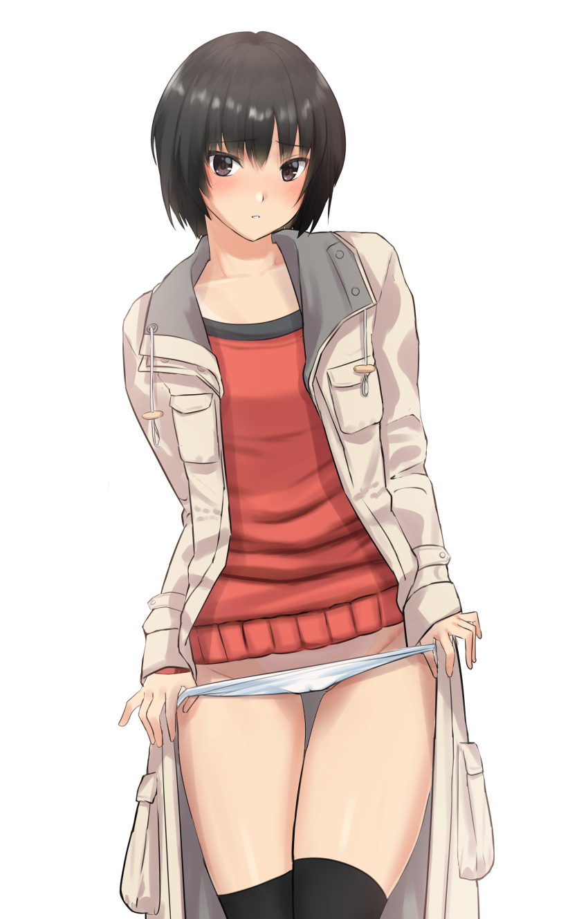 1girl absurdres amagami bangs black_hair black_legwear brown_eyes cameltoe coat collarbone commentary cowboy_shot highres long_coat looking_at_viewer nanasaki_ai no_pants panties panty_pull parted_lips pulled_by_self raised_eyebrows red_sweater short_hair simple_background solo sweater tanline_peek thigh_gap thighhighs thumb_in_beltline toggles underwear white_background white_coat white_panties ykh1028