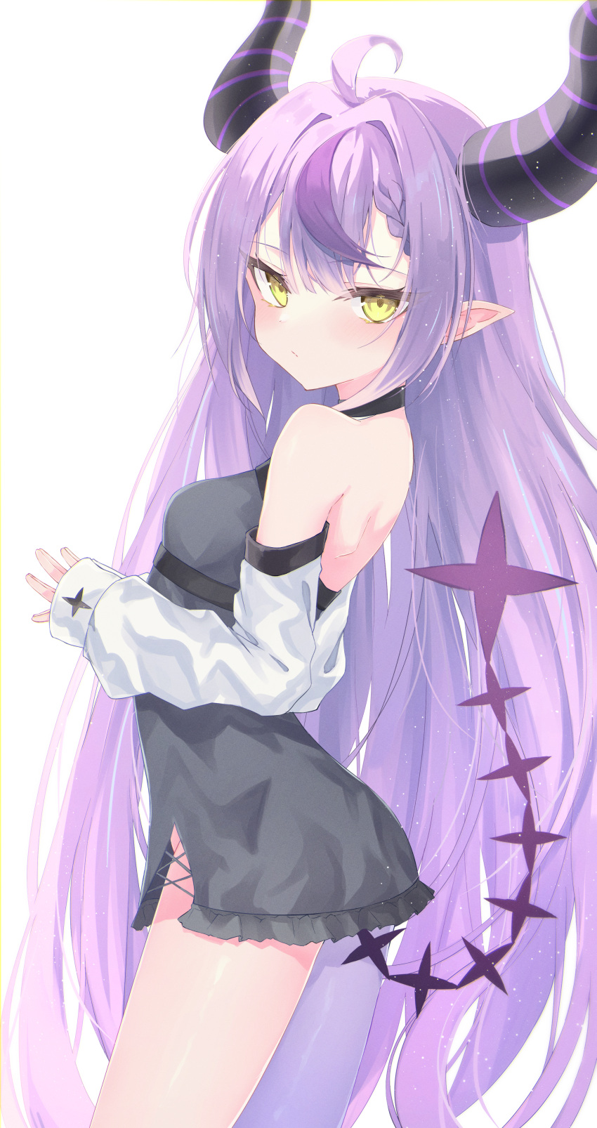 1girl absurdres ahoge bangs black_dress blush breasts demon_girl demon_horns detached_sleeves dress eyebrows_visible_through_hair from_side hair_between_eyes highres hololive horns la+_darknesss long_hair looking_at_viewer mizuongaku own_hands_together pointy_ears purple_hair sidelocks simple_background small_breasts solo star_(symbol) streak tail very_long_hair virtual_youtuber white_background yellow_eyes