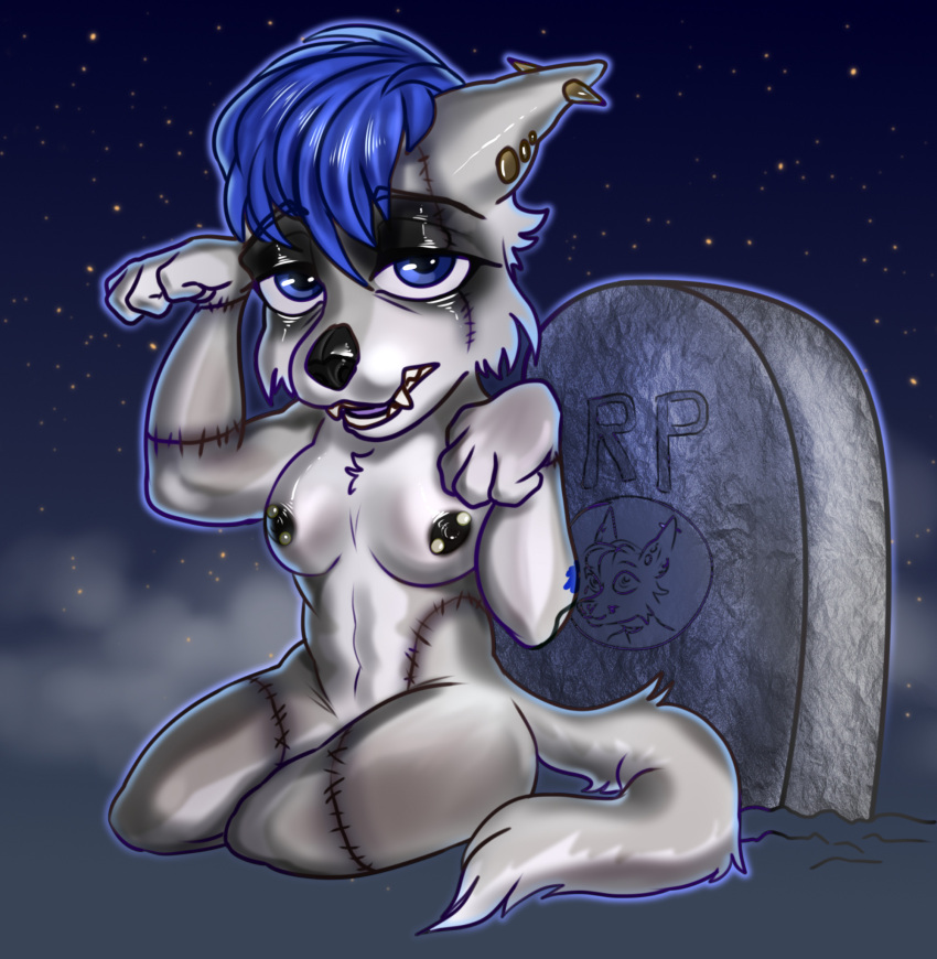 alienlin andi_thorne_(curwen) anthro blue_hair breasts canid canine canis cemetery ear_piercing female hair halloween hi_res holidays mammal nipple_piercing nipples nude piercing solo tomboy tombstone undead wolf zombie