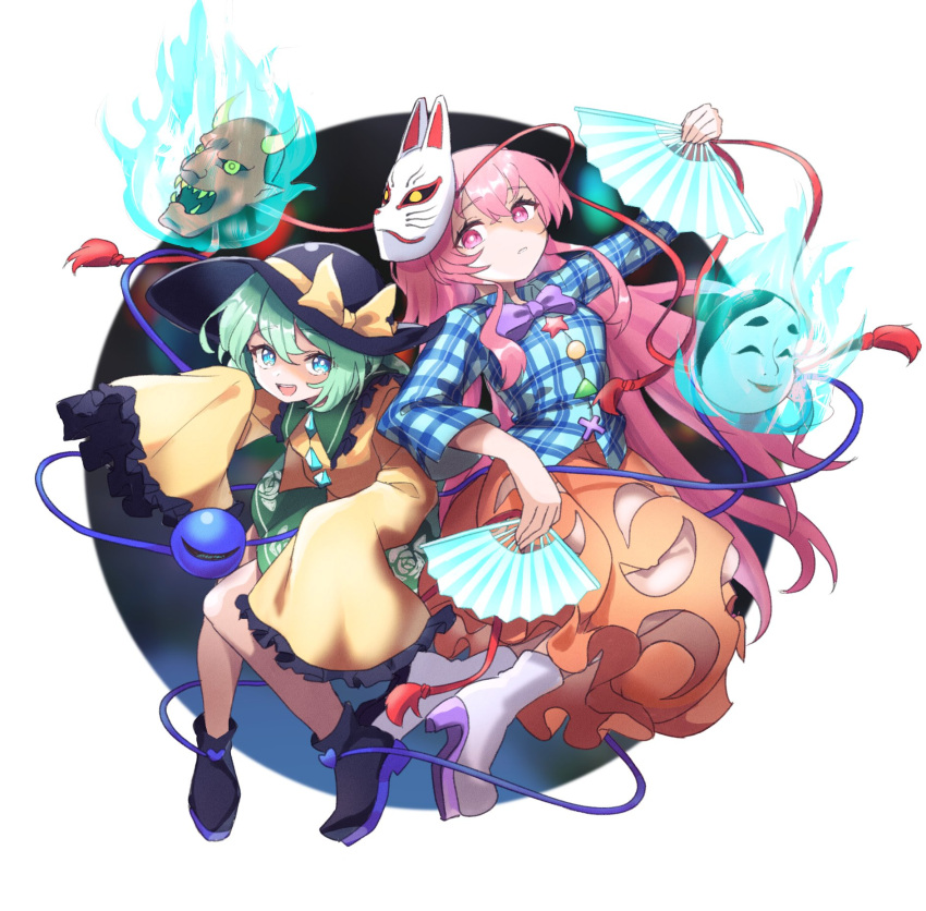 2girls :d bangs black_footwear black_headwear blue_eyes blue_fire blue_shirt boots bow bubble_skirt closed_mouth collared_shirt commentary_request eyebrows_visible_through_hair fire folding_fan fox_mask green_hair green_skirt hair_between_eyes hand_fan hat hat_bow hata_no_kokoro high_heel_boots high_heels highres holding holding_fan komeiji_koishi long_hair long_sleeves looking_at_viewer mask mask_on_head multiple_girls oni_mask orange_skirt pink_hair plaid plaid_shirt purple_eyes shirt skirt sleeves_past_fingers sleeves_past_wrists smile soranakidayo touhou very_long_hair white_footwear wide_sleeves yellow_bow yellow_shirt