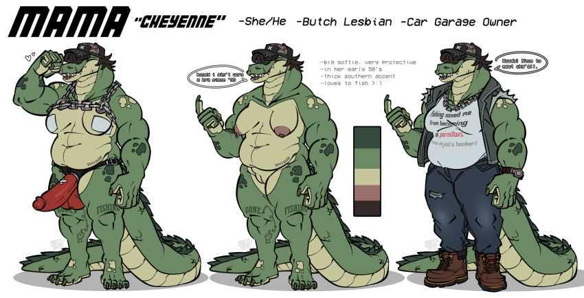 alligator alligatorid anthro bottomwear breasts chain clothing crocodilian denim denim_clothing dialogue dildo female flexing hair hair_over_eyes hi_res jeans loxiv model_sheet muscular muscular_anthro muscular_female nude overweight overweight_anthro overweight_female pants reptile sagging_breasts scalie scar sex_toy sharp_teeth shirt solo speech_bubble standing stated_homosexuality stated_sexuality strapon teeth thick_tail topwear