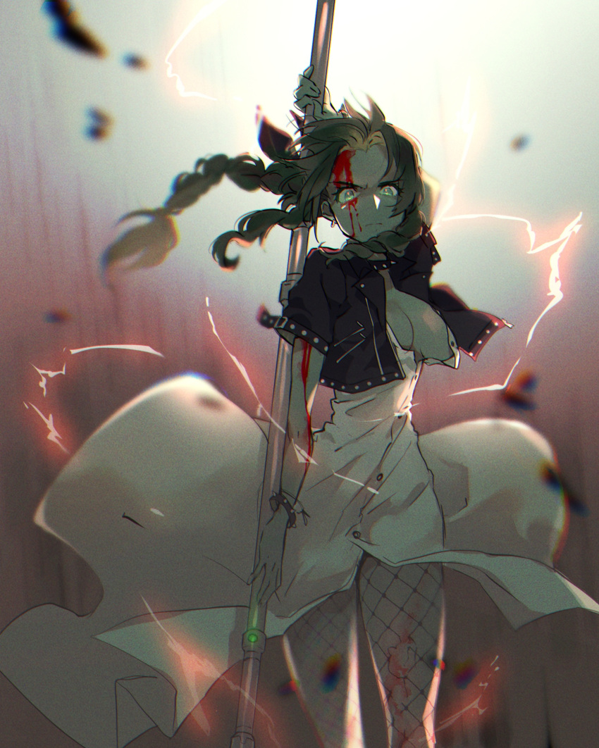 1girl aerith_gainsborough arm_behind_head bangs black_jacket blood blood_on_arm blood_on_face bracelet braid braided_ponytail breasts brown_hair casting_spell cleavage collar cropped_jacket dress fighting_stance final_fantasy final_fantasy_vii final_fantasy_vii_remake fishnets goku-chan green_eyes hair_ribbon highres holding holding_staff jacket jewelry long_dress materia medium_breasts parted_bangs ribbon sidelocks solo staff studded_bracelet studded_collar studded_jacket torn_clothes torn_legwear unbuttoned_dress upper_body