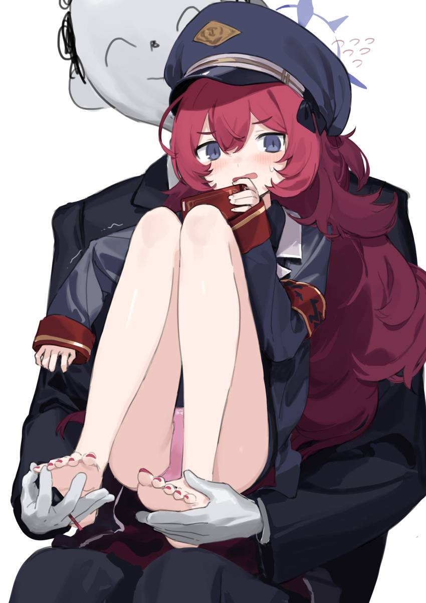 1boy 1girl :o absurdres bangs barefoot blue_archive book feet gloves halo hat highres holding holding_book iroha_(blue_archive) long_sleeves looking_at_viewer military military_hat military_jacket nail_polish open_mouth panties pink_panties purple_hair purple_nails sensei_(blue_archive) sh_(562835932) simple_background soles sweatdrop toes underwear white_background white_gloves