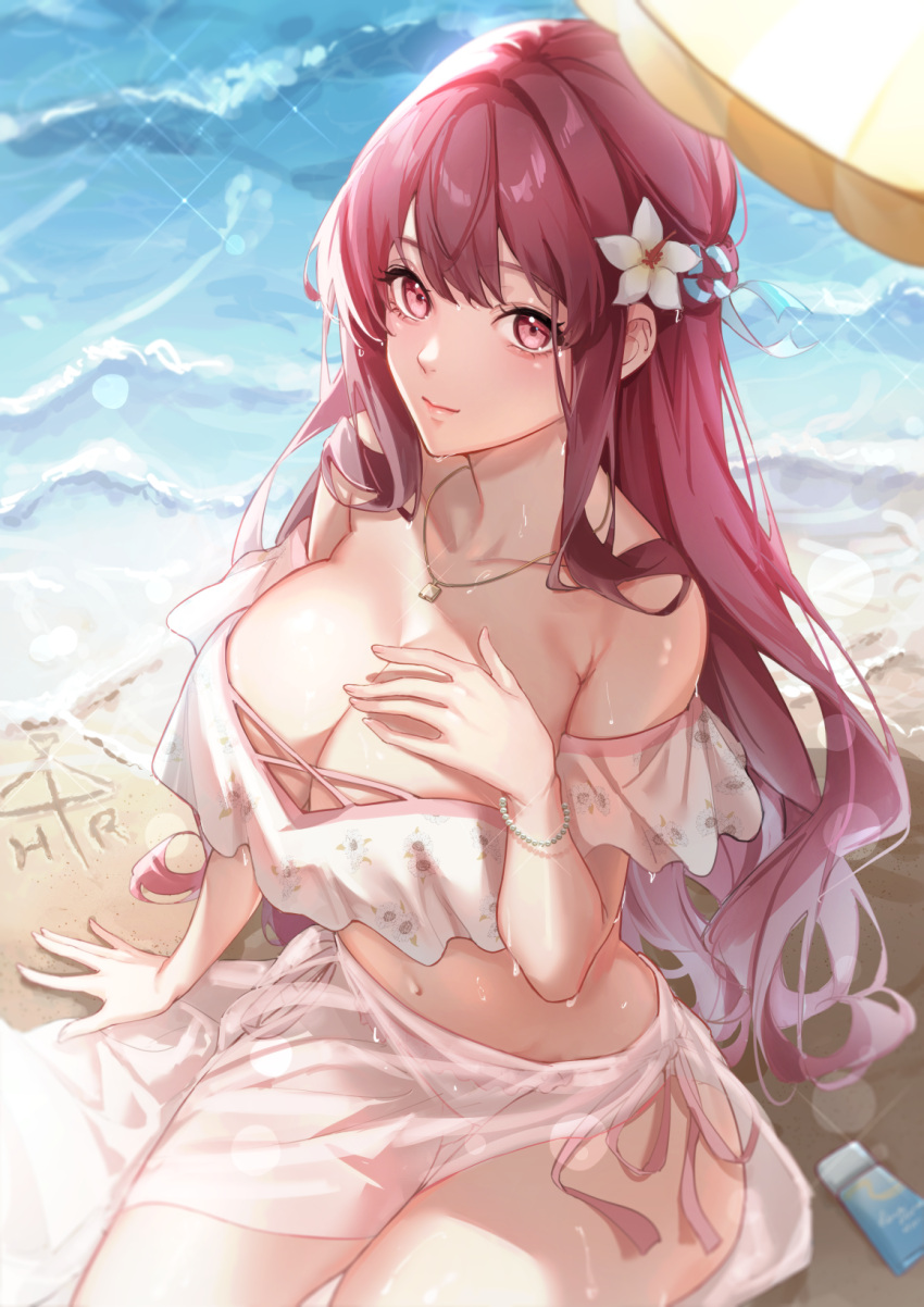 1girl ai_ai_gasa arm_at_side arm_support armpit_crease ass_visible_through_thighs bangs bare_shoulders beach beach_umbrella bikini blue_ribbon bracelet braid breasts cain_art811 cleavage closed_mouth collarbone commentary cowboy_shot crop_top crop_top_overhang eyebrows_visible_through_hair flower from_above hair_flower hair_ornament half_updo hand_on_own_chest highres jewelry large_breasts light_blush long_hair looking_at_viewer lotion midriff navel necklace original pearl_bracelet pendant pink_eyes pink_hair red_hair ribbon sarong see-through_sarong shiren_(cain_art811) side-tie_bikini sidelocks sitting solo sparkle strapless strapless_bikini summer sunscreen swimsuit thigh_gap umbrella very_long_hair water wavy_hair wet white_bikini white_flower white_sarong yellow_umbrella