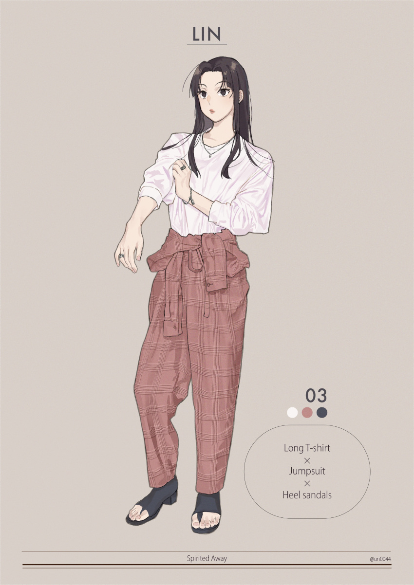 1girl absurdres adapted_costume alternate_costume bangs black_hair bracelet casual character_name color_guide contemporary highres jewelry long_hair looking_afar pants parted_bangs pink_background plaid plaid_pants rin_(sen_to_chihiro_no_kamikakushi) ring sandals sen_to_chihiro_no_kamikakushi shirt shirt_tucked_in simple_background solo toeless_footwear un_(un0044) white_shirt