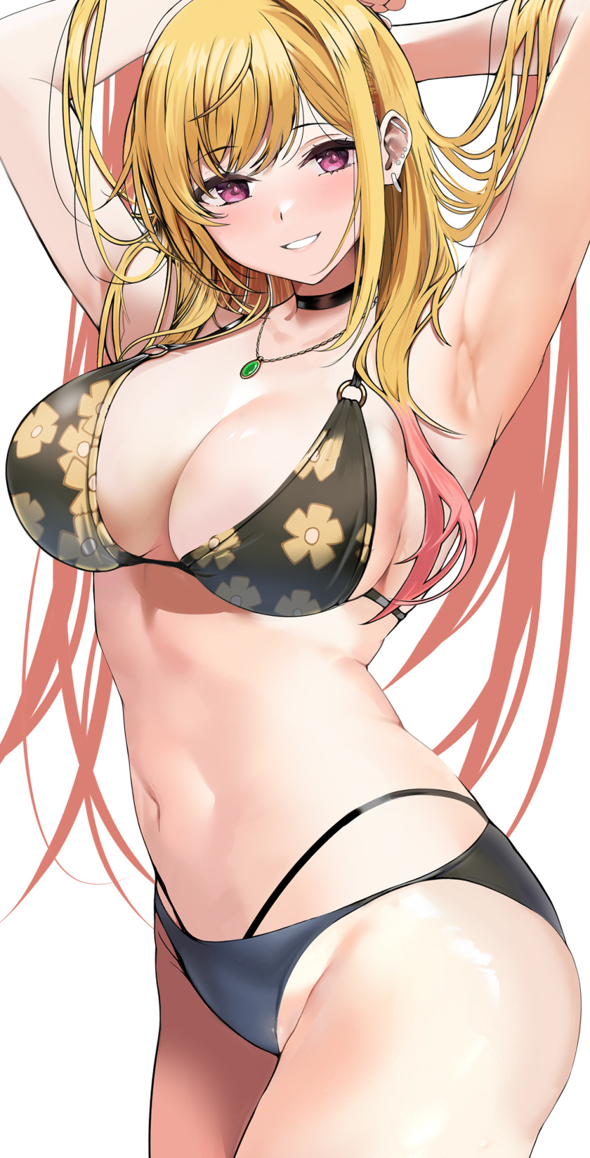 1girl armpits arms_behind_head arms_up bangs bikini black_bikini black_choker blonde_hair bracelet breasts choker colored_tips ear_piercing earrings floral_print gradient_hair highres jewelry kitagawa_marin large_breasts long_hair looking_at_viewer multicolored_hair necklace oidoden2535 piercing print_bikini red_eyes red_hair sono_bisque_doll_wa_koi_wo_suru swept_bangs swimsuit