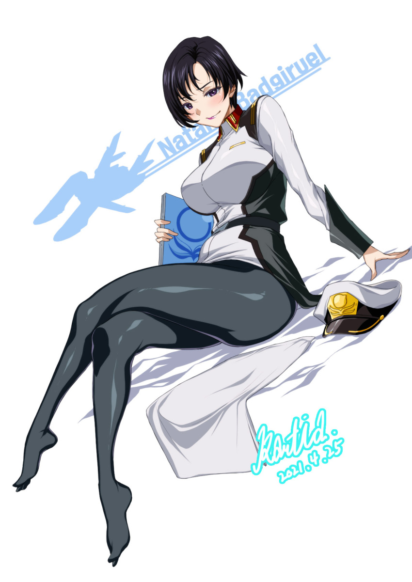 1girl bangs black_hair black_legwear breasts character_name closed_mouth collared_shirt commentary_request crossed_legs dated eyebrows_visible_through_hair feet forehead full_body gundam gundam_seed hat highres holding large_breasts lipstick makeup military military_hat military_uniform natarle_badgiruel no_shoes parted_bangs pointy_nose purple_eyes rantia shiny shiny_clothes shirt signature sitting smile solo thighhighs uniform