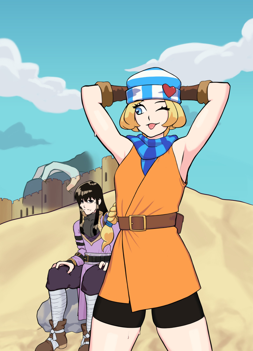 1boy 1girl ;p absurdres armpits bike_shorts bike_shorts_under_skirt black_hair blonde_hair blue_sky commission commissioner_upload crazy_eyes desert fire_emblem fire_emblem:_genealogy_of_the_holy_war fire_emblem_heroes grip highres long_hair looking_at_another odatakai one_eye_closed open_mouth patty_(fire_emblem) ponytail shannan_(fire_emblem) simple_background sky smile staring sweat sweatdrop tongue tongue_out wide-eyed