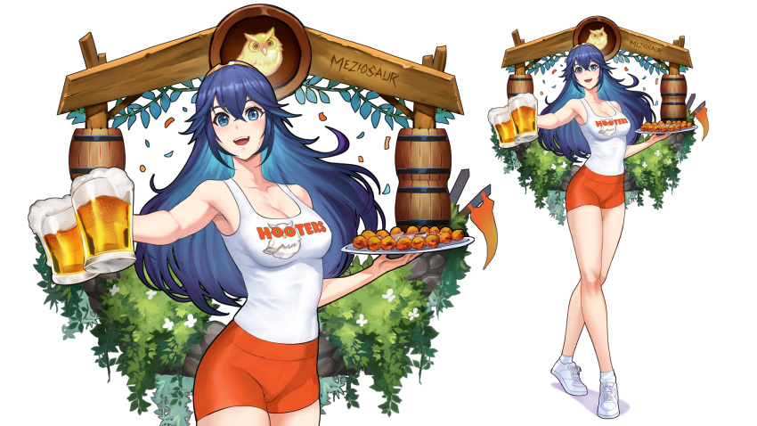 1girl alcohol artist_name bangs bare_shoulders beer beer_mug blue_eyes blue_hair breasts cleavage collarbone commentary copyright_name cup employee_uniform feh_(fire_emblem_heroes) fire_emblem fire_emblem_awakening fire_emblem_heroes food full_body highres holding holding_tray hooters jewelry long_hair looking_at_viewer lucina_(fire_emblem) meziosaur mug open_mouth orange_shorts shiny shiny_hair shoes shorts signature simple_background sleeveless smile sneakers socks tiara tray uniform white_legwear